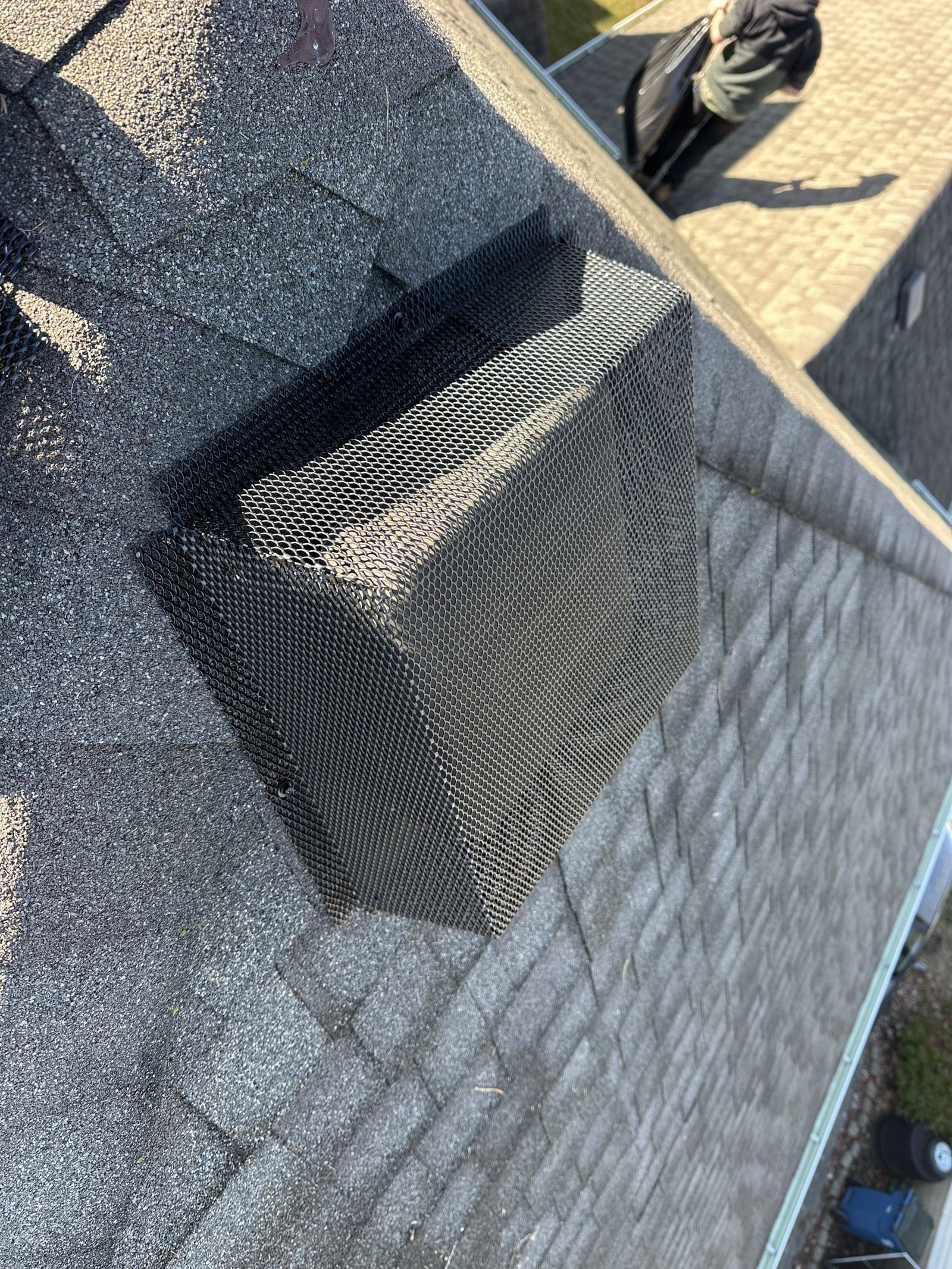Protective metal mesh cover fitted over a roof vent