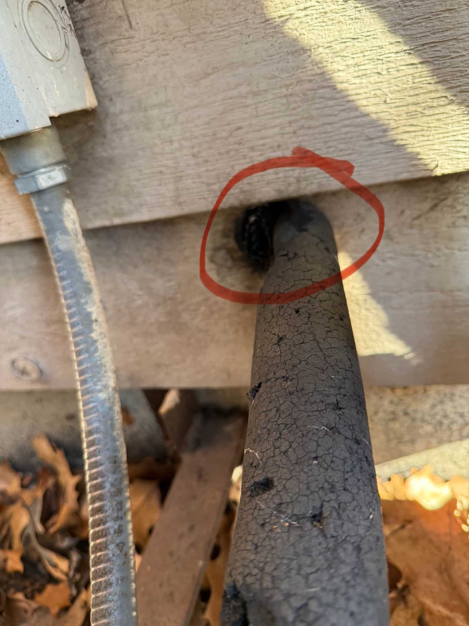 Mouse entry opening around an air-conditioning line, highlighted with a red circle