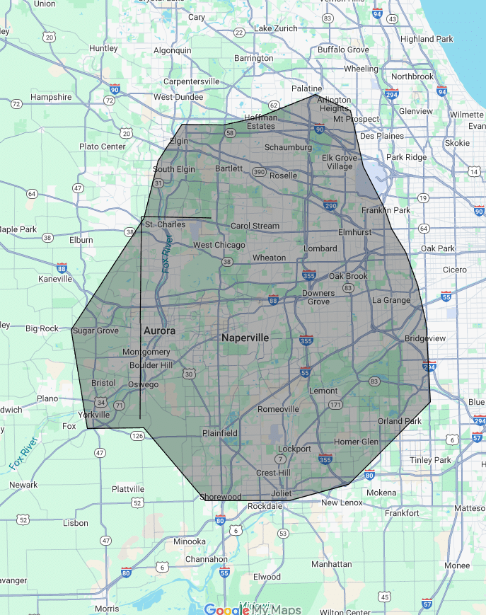 D&K Pest Control and Wildlife Removal service area map in the western Chicago suburbs